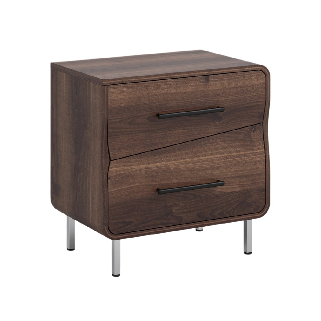 Modern Walnut Nightstand with Two Drawers and Sleek Metal Legs